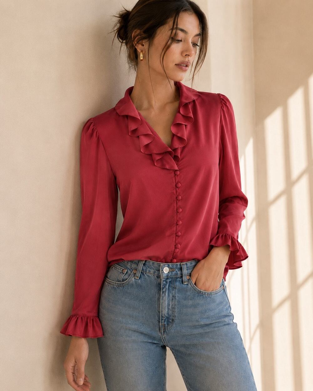 Vintage Evan Picone ILGWU Satin Pink Red Ruffle Secretary Blouse Puff Sleeve 2P
